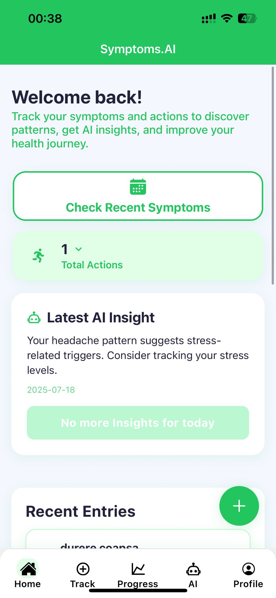 Symptoms AI Home Screen
