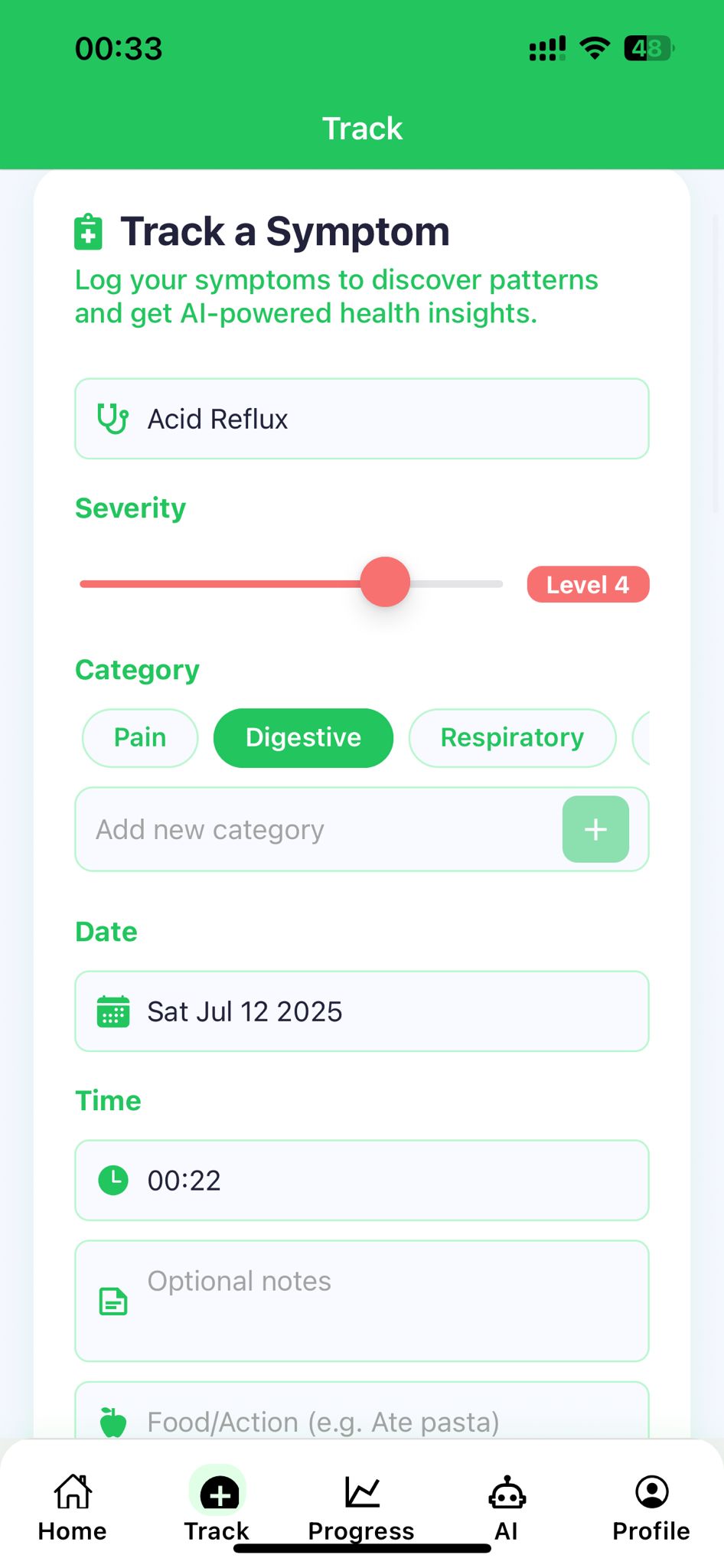 Symptom Tracking Screen